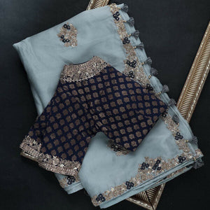 Sequins Embroidered Sky Blue Colour Party Wear Saree With Blouse