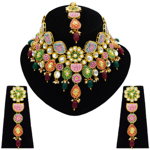 Sujwel Kundan and Meenakari with Floral Design Necklace Set (08-0115) - Sujwel