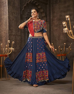 Blue Thread Embroidered With Mirror Work Viscose Rayon Traditional  Lehenga Choli