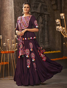 Purple Thread Embroidered With Mirror Work Semi Stitched Lehenga Choli