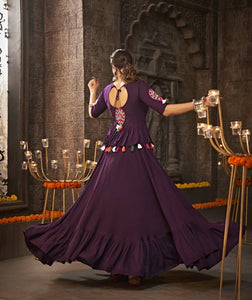 Purple Thread Embroidered With Mirror Work Semi Stitched Lehenga Choli