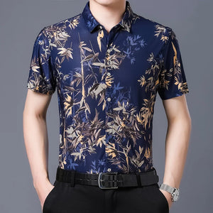 Men's summer loose iron-free casual short-sleeved silk shirt