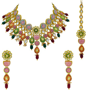 Sujwel Kundan and Meenakari with Floral Design Necklace Set (08-0115) - Sujwel