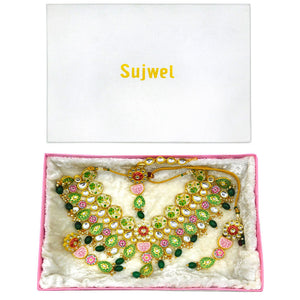 Sujwel Kundan and Meenakari with Floral Design Necklace Set (08-0115) - Sujwel