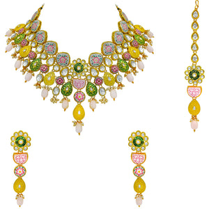 Sujwel Kundan and Meenakari with Floral Design Necklace Set (08-0115) - Sujwel