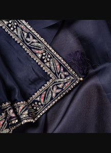 Dark Navy Blue Color With Embroidery Work Lace Border Saree With Blouse