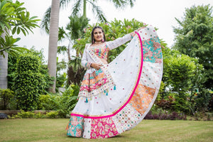 White Colour Maslin Cotton With Digital Print Real Mirror Navratri  Special Lehenga Choli Set