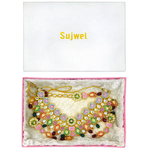 Sujwel Kundan and Meenakari with Floral Design Necklace Set (08-0115) - Sujwel