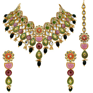 Sujwel Kundan and Meenakari with Floral Design Necklace Set (08-0115) - Sujwel