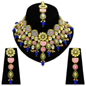 Sujwel Kundan and Meenakari with Floral Design Necklace Set (08-0115) - Sujwel