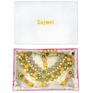 Sujwel Kundan and Meenakari with Floral Design Necklace Set (08-0115) - Sujwel