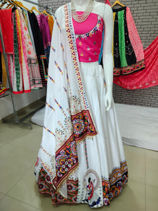 White Color Gamthi Printed Real Mirror Work Lehenga Choli semi-Stitched