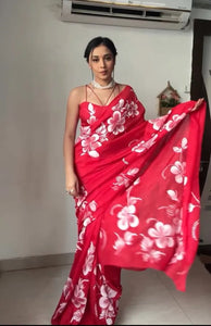 READY TO WEAR RED TRENDY 1-MINUTE GEORGETTE SAREE