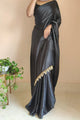 Black Satin Silk Saree With Handmade Tassels On Pallu