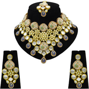 Gold  Kundan Design Choker Necklace Set For Women