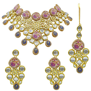 Gold  Kundan Design Choker Necklace Set For Women