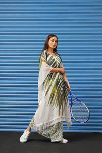 White colored digital printed kaaftan saree