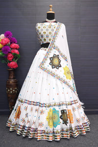 White Color Muslin Cotton Printed With Real Mirror Work Lehenga Choli