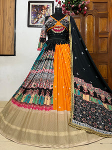 Multi Color Heavy Muslin Cotton Print With Mirror Work Navratri Lehenga Choli Set