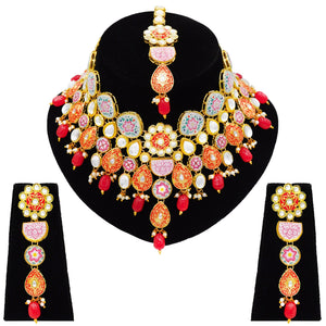 Sujwel Kundan and Meenakari with Floral Design Necklace Set (08-0115) - Sujwel