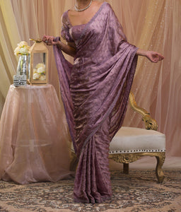 Lavender Silver Stonework Crepe Saree-Koskii