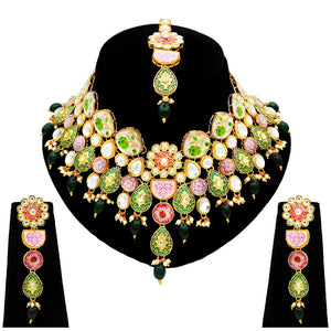 Sujwel Kundan and Meenakari with Floral Design Necklace Set (08-0115) - Sujwel