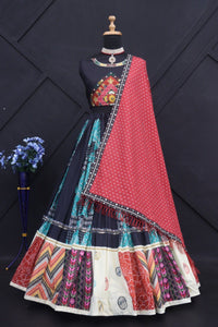 Multi Colour  Maslin Cotton With Digital Print Real Mirror Navratri  Special Lehenga Choli Set