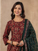 Rang Deep Red & Green  Print Cotton Set of Kurti With Pant & Dupatta