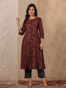 Rang Deep Red & Green  Print Cotton Set of Kurti With Pant & Dupatta