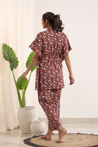 Red  Cotton Printed Kaftan and Pajama Set