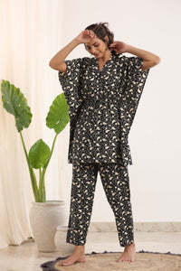 Black Cotton Printed Kaftan and Pajama Set