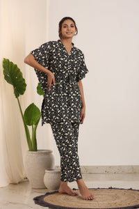 Black Cotton Printed Kaftan and Pajama Set