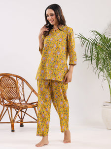 Yellow Acanthus print Cotton Night Suit