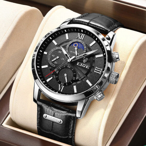 GOOD WATCH-Mens Watches Waterproof Chronograph Stainless Steel Dial Analog Quartz Wristwatch Fashion Casual Leather Gents Watch