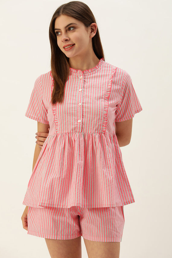 Women Pink and White Striped Flared Top With Shorts Night suit Set