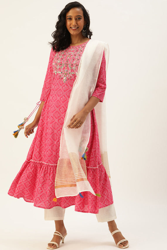Rang Deep Pink Bhandej Print Cotton Set of Kurti With Pant & Dupatta