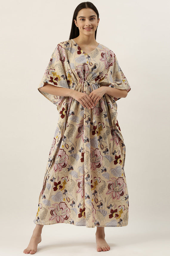 BEIGE Cotton Printed Kaftan Maxi Dress