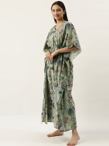 Green Cotton Printed Kaftan Maxi Dress