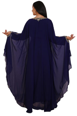 Buy Georgette Embellished Kaftan Gown in Navy Blue Online - Back