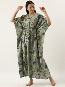 Green Cotton Printed Kaftan Maxi Dress