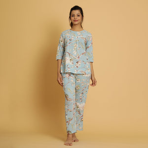 Sky Blue Cotton Printed Night Suit Set