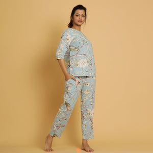 Sky Blue Cotton Printed Night Suit Set