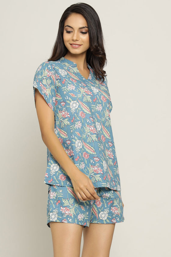 Turquoise Cotton Printed Night Suit Set