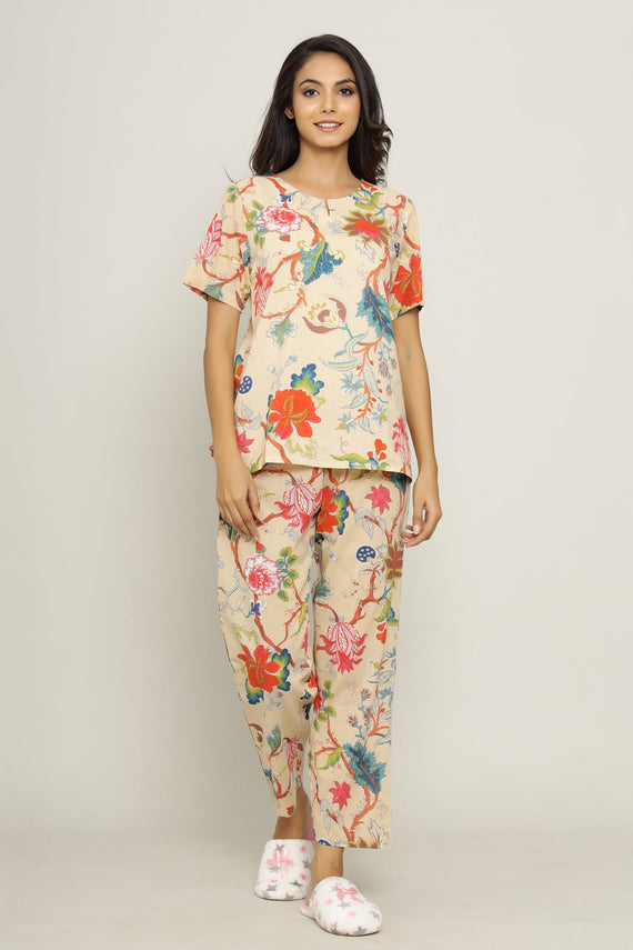 Beige Cotton Printed Night Suit Set with Pajama
