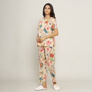 Beige Cotton Printed Night Suit Set with Pajama