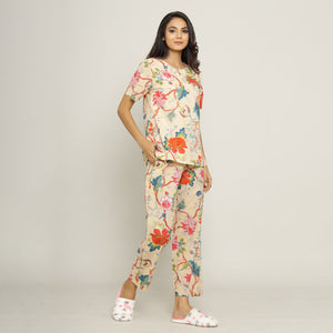 Beige Cotton Printed Night Suit Set with Pajama