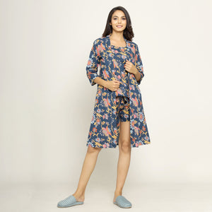 Blue Cotton Printed 3 PEICE Night Suit Set