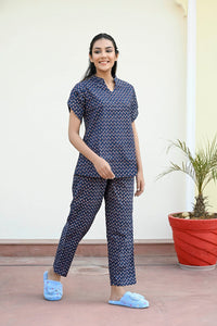 Navy Blue Cotton Printed Night Suit Set with Payjama