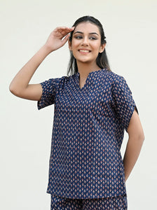 Navy Blue Cotton Printed Night Suit Set with Payjama