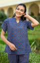 Navy Blue Cotton Printed Night Suit Set with Payjama